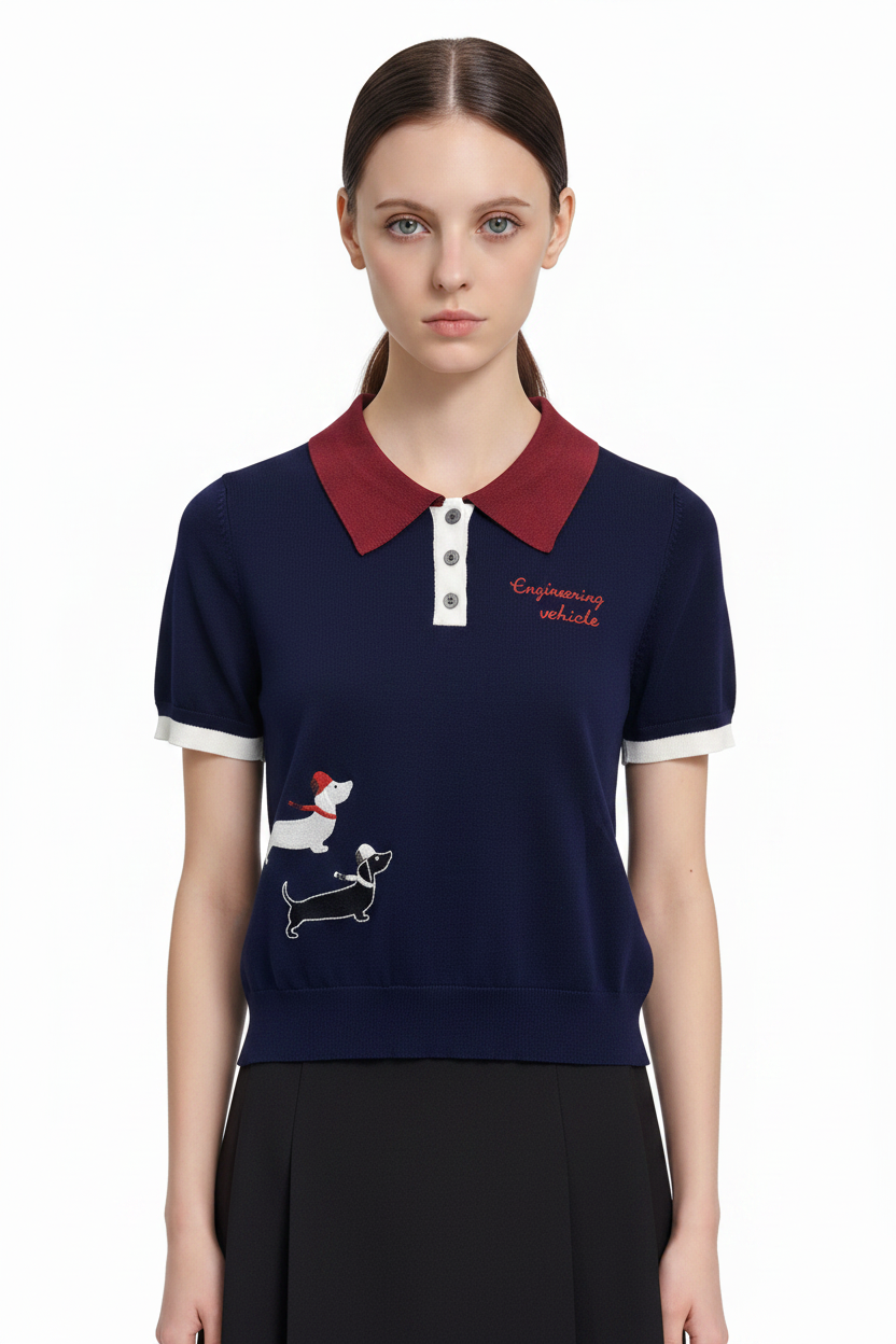 New Puppy-Embroidered Knitted T-Shirt