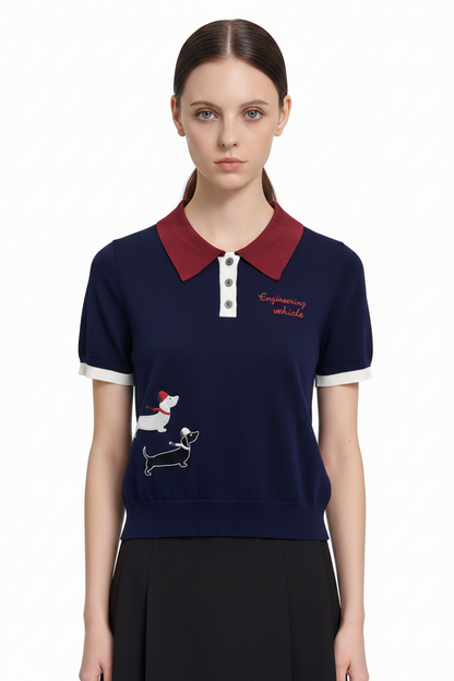 New Puppy-Embroidered Knitted T-Shirt