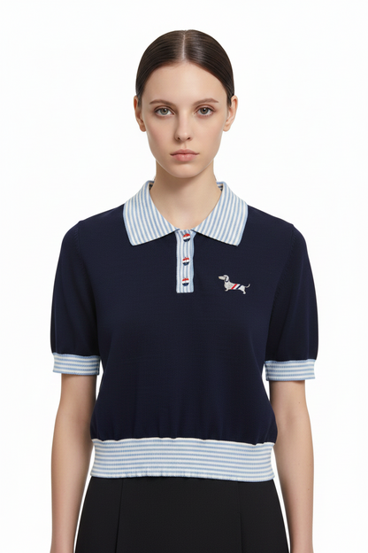 New Puppy-Embroidered Knitted T-Shirt
