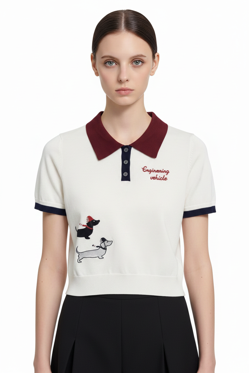 New Puppy-Embroidered Knitted T-Shirt