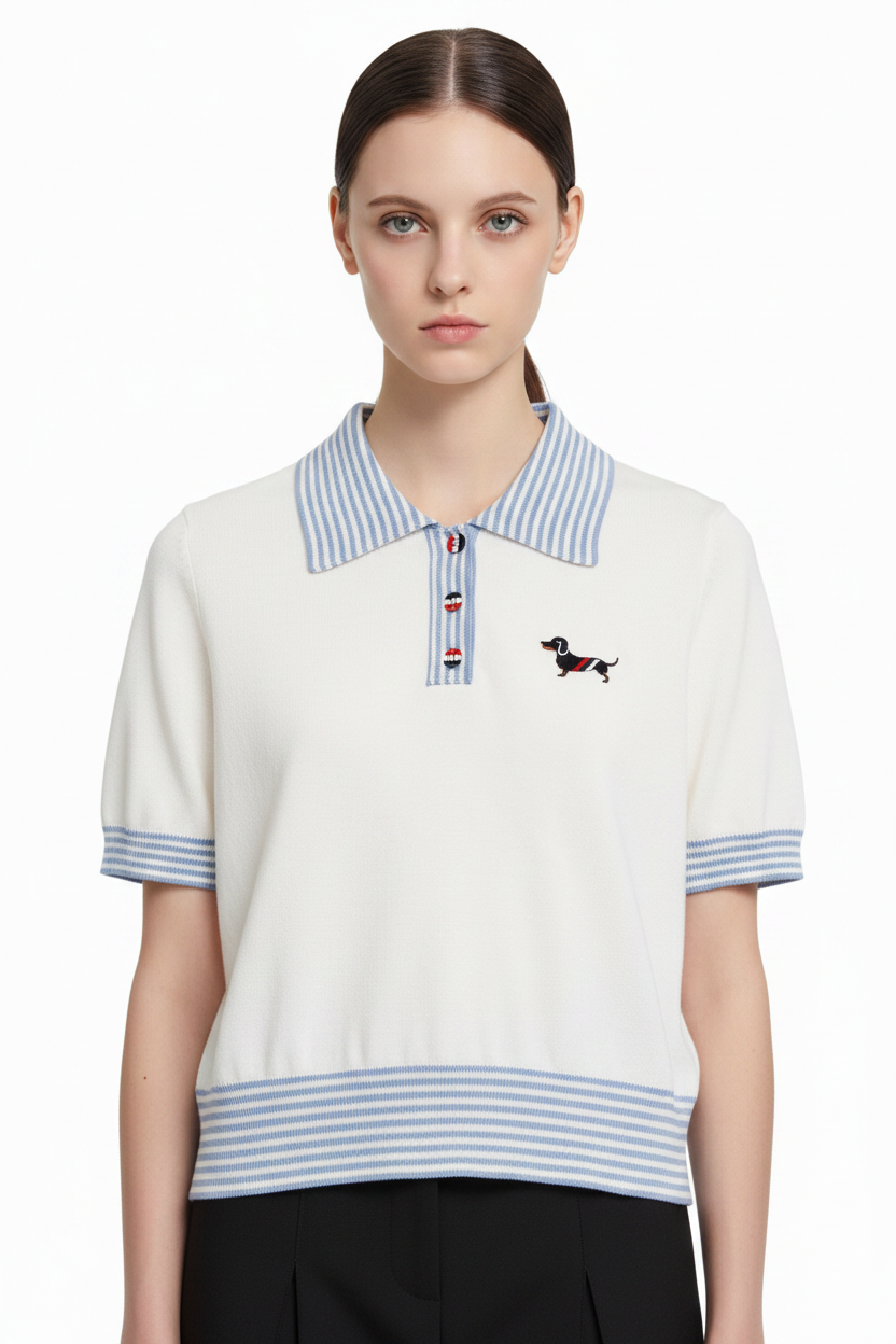 New Puppy-Embroidered Knitted T-Shirt