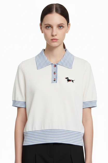 New Puppy-Embroidered Knitted T-Shirt