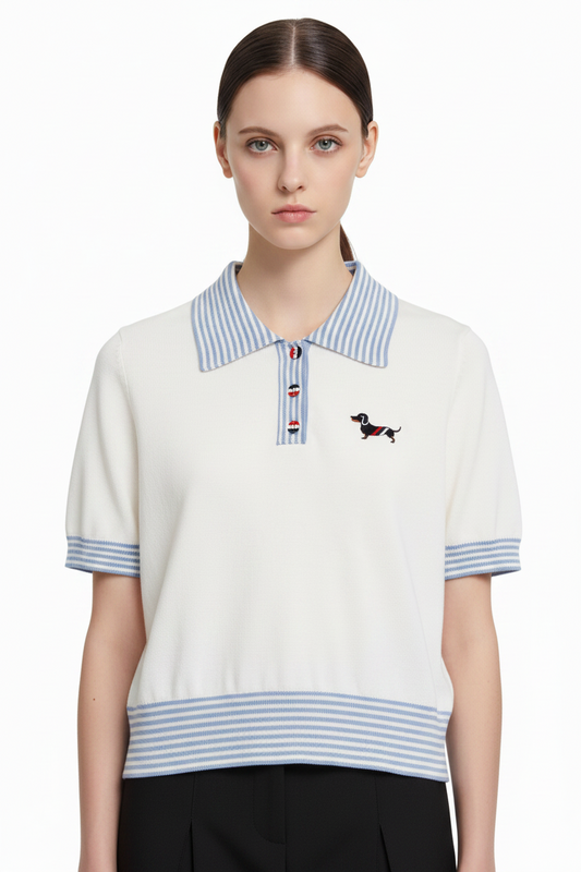 New Puppy-Embroidered Knitted T-Shirt
